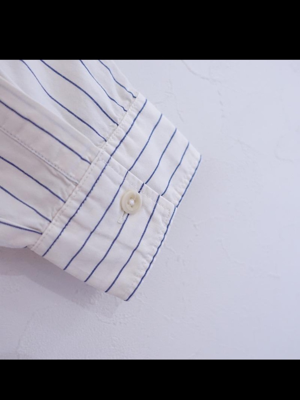 MHL. Striped Band Collar Button-Up Shirt in Cream & Navy - Picture 7 of 8